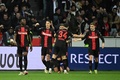 サッカーヨーロッパリーグ、決勝トーナメント1回戦第2戦、バイヤー・レバークーゼン対カラバフFK。ゴールを喜ぶバイヤー・レバークーゼンの選手（2024年3月14日撮影）。(c)INA FASSBENDER / AFP