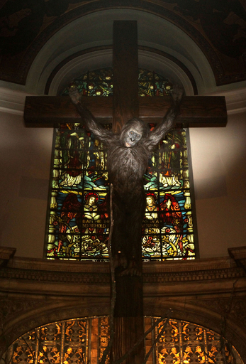 十字架にかけられた本物そっくりのゴリラ、ロンドンの元教会のギャラリーで現代美術展示会