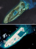 米デジタルグローブが撮影した南シナ海の南沙諸島・永暑礁の写真（上：2006年1月22日撮影、下：2015年4月2日撮影）。(c)AFP/CSIS Asia Maritime Transparency Initiative/DigitalGlobe