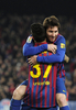 11-12スペイン1部リーグは19日、第24節の試合が各地で行われ、FCバルセロナ（FC Barcelona）は5-1でバレンシア（Valencia CF）に大勝した。

得点を挙げ、チームメイトのクリスティアン・テージョ（Christian Tello、下）と歓喜するFCバルセロナのリオネル・メッシ（Lionel Messi、2012年2月19日撮影）。(c)AFP/JOSEP LAGO