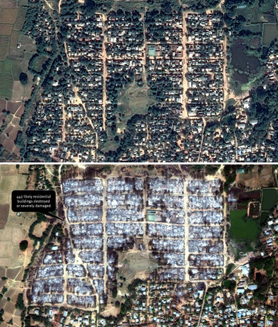 ミャンマーの破壊された市街地、宗教間衝突の爪痕