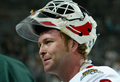 写真は、試合に備え練習に励むニュージャージー・デビルス（%%New Jersey Devils%%）のマーティン・ブロデューア（%%Martin Brodeur%%）。(c)AFP/Getty Images Dave Sandford