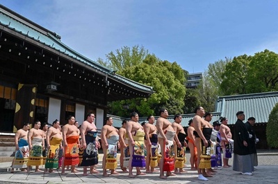 Sumo wrestlers hold annual 'honozumo' ceremony in Tokyo