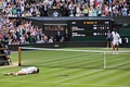 テニス、ウィンブルドン選手権、男子シングルス決勝。ノバク・ジョコビッチ（右奥）を下し、優勝を喜ぶカルロス・アルカラス（2023年7月16日撮影）。(c)Glyn KIRK / AFP