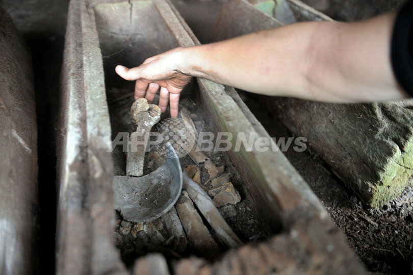 カンボジア奥地、岩棚に謎のかめとひつぎ 14世紀以降の遺骨