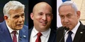（左から）イスラエルの中道政党イェシュアティドのヤイル・ラピド党首、極右政党ヤミナのナフタリ・ベネット党首、ベンヤミン・ネタニヤフ首相（2021年5月5日作成）。(c)various sources / AFP