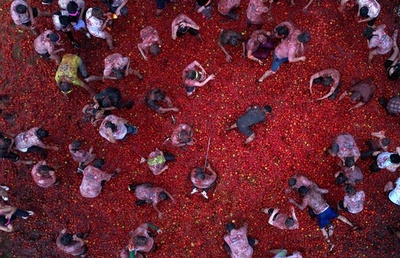 トマトまみれの快感、恒例のトマト投げ「トマティーナ」