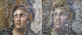 トルコ南部ハタイの考古学博物館に保管されている古代ローマ時代のモザイク画。左が修復前、右が修復後（2015年5月6日写真合成）。(c)AFP/Antakya Museum