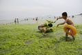 中国東部の山東（Shandong）省青島（Qingdao）の藻が大発生した海岸で遊ぶ子どもたち（2014年6月29日撮影）。(c)AFP