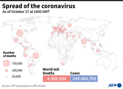 新型コロナウイルス、現在の感染者・死者数（27日午後7時時点） 死者496万人に