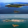 紅沿河原子力発電所建設前の敷地（上、2004年撮影）と全面稼働後の紅沿河原子力発電所（下、2022年6月撮影）。(c)Xinhua News