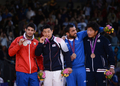ロンドン五輪は1日、エクセル（ExCeL London）で柔道男子90キロ級3位決定戦が行われ、日本の西山将士（Masashi Nishiyama）はロシアのキリル・デニソフ（Kirill Denisov）を判定の末に退け、銅メダルを獲得した。

表彰式に臨む（左から）銀メダルのアスレイ・ゴンサレス（Asley Gonzalez）、金メダルの宋大男（Song Dae-Nam、ソン・デナム）、銅メダルのイリアス・イリアディス（Ilias Iliadis、左）と西山将士（Masashi Nishiyama、2012年8月1日撮影）。(c)AFP/FRANCK FIFE