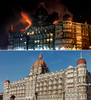 インド・ムンバイ（Mumbai）で発生した同時襲撃事件で最上階から出火したタージマハル（Taj Mahal）ホテル（上、2008年11月26日撮影）と、2004年に撮影された同ホテル（2004年11月撮影）。(c)AFP/PAL PILLAI（上）/SEBASTIAN D&apos;SOUZA（下）