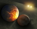 連星系内で衝突する2惑星を描いたイメージ図。特定の連星系内ではこうした衝突が日常的に発生しているとみられている（2010年8月25日提供、本文とは関係ありません）。(c)AFP/NASA/JPL-CALTECH