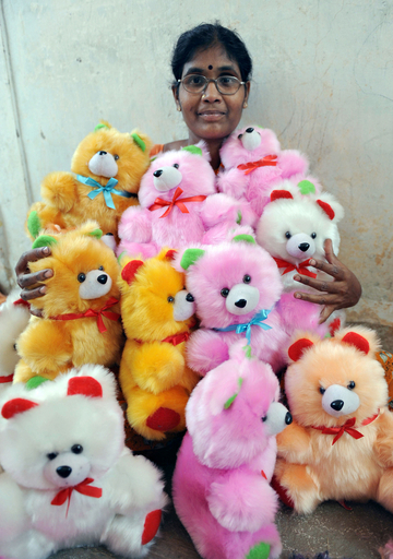 インド、ぬいぐるみ作りで生計立てる母娘