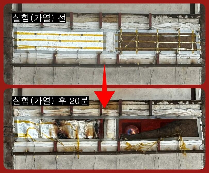 韓国の公認試験機関で準不燃ウレタン（左）とグラスウール（右）を比較試験する様子(c)MONEYTODAY