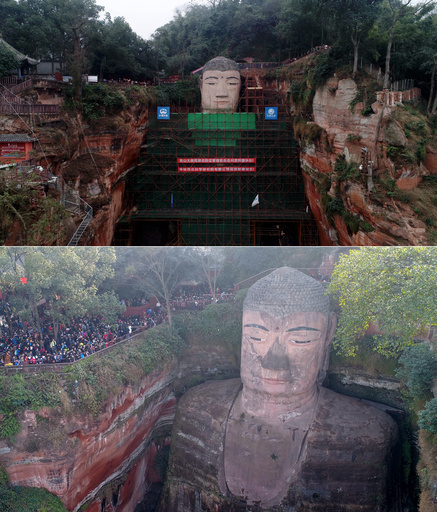 世界遺産の「楽山大仏」 修復で美白のイケメンに？ 中国・四川 写真4枚