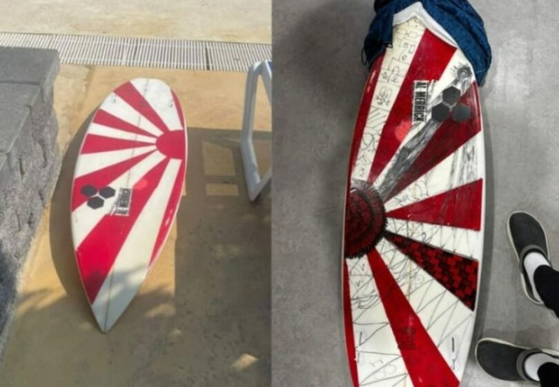日本人観光客が持参した旭日旗の模様が描かれたサーフボード（写真=ソ・ギョンドク教授のフェイスブックキャプチャー）(c)MONEYTODAY