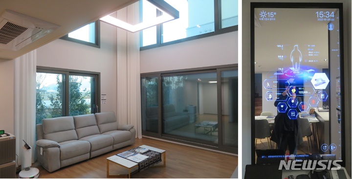 （左から）スマートビレッジ3階建て住宅内部リビング、スマートミラー(c)NEWSIS