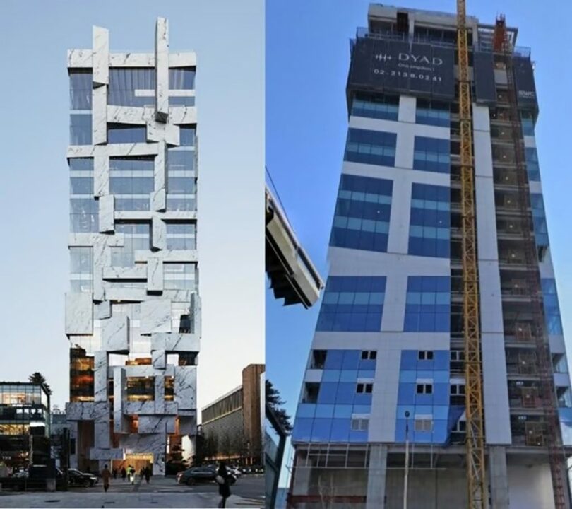 「DYAD清潭1」設計当時予想図（左）と実際に竣工された建物（2月）＝ネイバー地図(c)MONEYTODAY