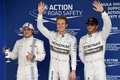 14F1第18戦ブラジルGP（Brazilian Grand Prix 2014）予選。メルセデスAMG（Mercedes AMG）のルイス・ハミルトン（Lewis Hamilton、右）、ウィリアムズ（Williams）のフェリペ・マッサ（Felipe Massa、左）に挟まれポールポジション獲得を喜ぶメルセデスAMGのニコ・ロズベルグ（Nico Rosberg、2014年11月8日撮影）。(c)AFP/NELSON ALMEIDA