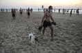 イスラエル・テルアビブで、マスク姿で犬の散歩をする人（2020年7月7日撮影、資料写真）。(c)MENAHEM KAHANA / AFP