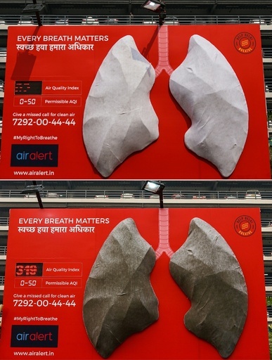 巨大な肺のアート、10日間で真っ黒に 印ニューデリーの大気汚染