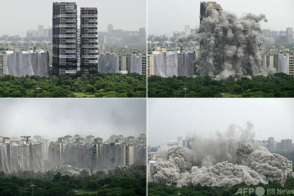 インド、超高層住宅2棟を爆破解体 違法建築で 写真16枚 国際ニュース