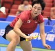 バドミントン、ヨネックスオープンジャパン2014、女子シングルス1回戦。リターンを打つ山口茜（Akane Yamaguchi、2014年6月11日撮影）。(c)AFP/KAZUHIRO NOGI