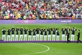 銅メダルを獲得し、表彰式に臨む韓国の選手（2012年8月11日撮影）。(c)AFP/GLYN KIRK