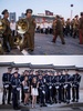 北朝鮮・平壌で軍事パレードを行う北朝鮮兵（上、2015年10月10日撮影）と韓国ソウルで行われた解放記念日（光復節）のパレードに参加し、写真撮影に応じる韓国海軍兵（下、2015年8月15日撮影）。(c)AFP/Ed JONES