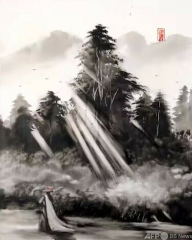 中国の男性、靴ブラシやほうきで武侠の水墨画を描く 写真2枚 国際