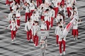 国立競技場で開催された東京五輪の開会式で、旗手の八村塁（右手前）を先頭に入場する日本選手団（2021年7月23日撮影）。(c)Martin BUREAU / AFP
