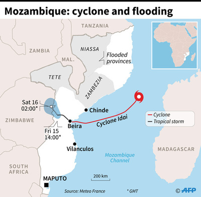 アフリカ南東部の豪雨災害、犠牲者126人に モザンビークにはサイクロン襲来