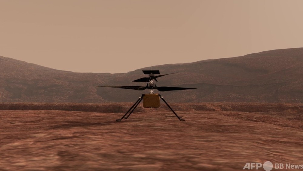 字幕：ビデオグラフィック「歴史的な火星でのヘリコプター初飛行」
