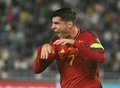 サッカー欧州選手権予選、グループA、ジョージア対スペイン。得点を喜ぶスペインのアルバロ・モラタ（2023年9月8日撮影）。(c)Vano SHLAMOV / AFP