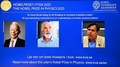 2021年ノーベル物理学賞の受賞が決まった、（左から）真鍋淑郎氏、クラウス・ハッセルマン氏、ジョルジョ・パリージ氏の写真。スウェーデン・ストックホルムの王立科学アカデミーで（2021年10月5日撮影）。(c)Jonathan NACKSTRAND / AFP