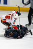 バランスを崩したオイラーズの%%Sam Gagne%%（右）とフレームスの%%Mathieu Lombardi%%（左）。(c)AFP/Getty Images Dale MacMillan