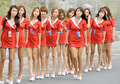 韓国・霊岩（Yeongam）で行われた、12F1第16戦韓国GP（Korean Grand Prix 2012）のレースクイーンたち（2012年10月14日撮影）。(c)AFP/JUNG YEON-JE