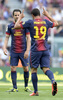 12-13スペイン1部リーグは18日、第38節の試合が各地で行われ、FCバルセロナ（FC Barcelona）は4-1でマラガ（Malaga CF）を下した。

得点を決め喜ぶFCバルセロナのマルティン・モントーヤ（Martin Montoya、右、2013年6月1日撮影）。(c)AFP/LLUIS GENE