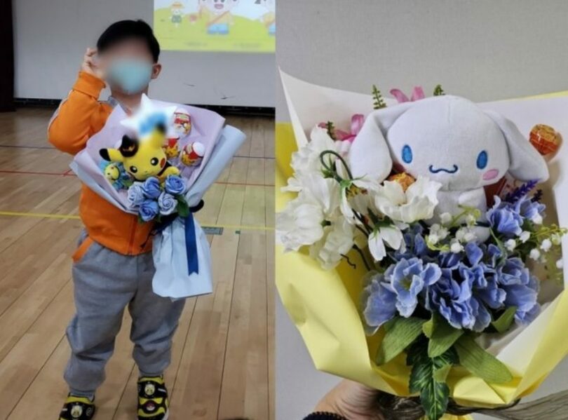 保護者たちが子どもの卒業式を迎えて手作りしたピカチュウ花束、シナモロール花束(c)MONEYTODAY