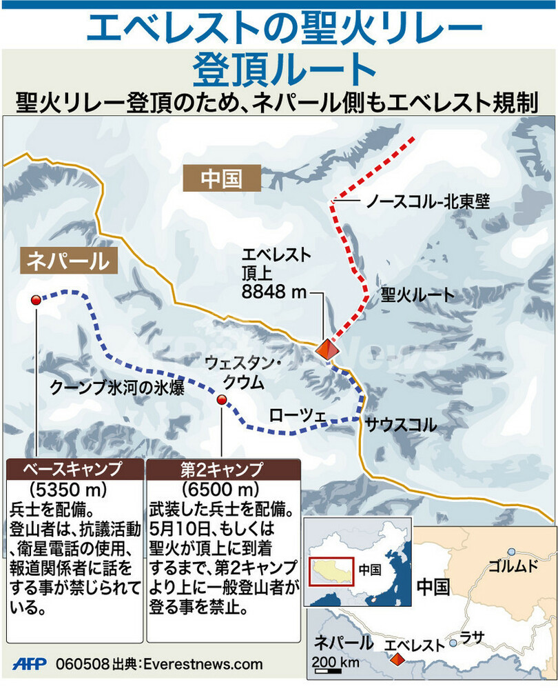 【図解】エベレスト聖火リレー登頂ルート