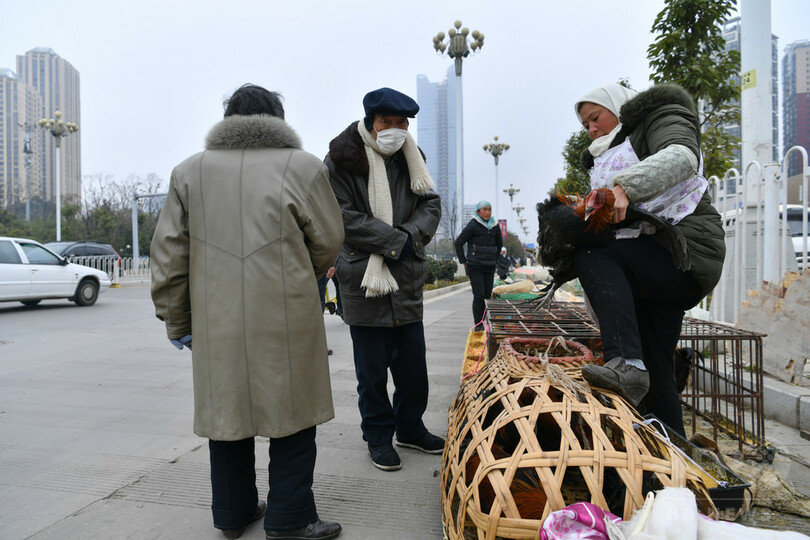 昆明の街角に並ぶ春節の風物詩「年越し鶏」　