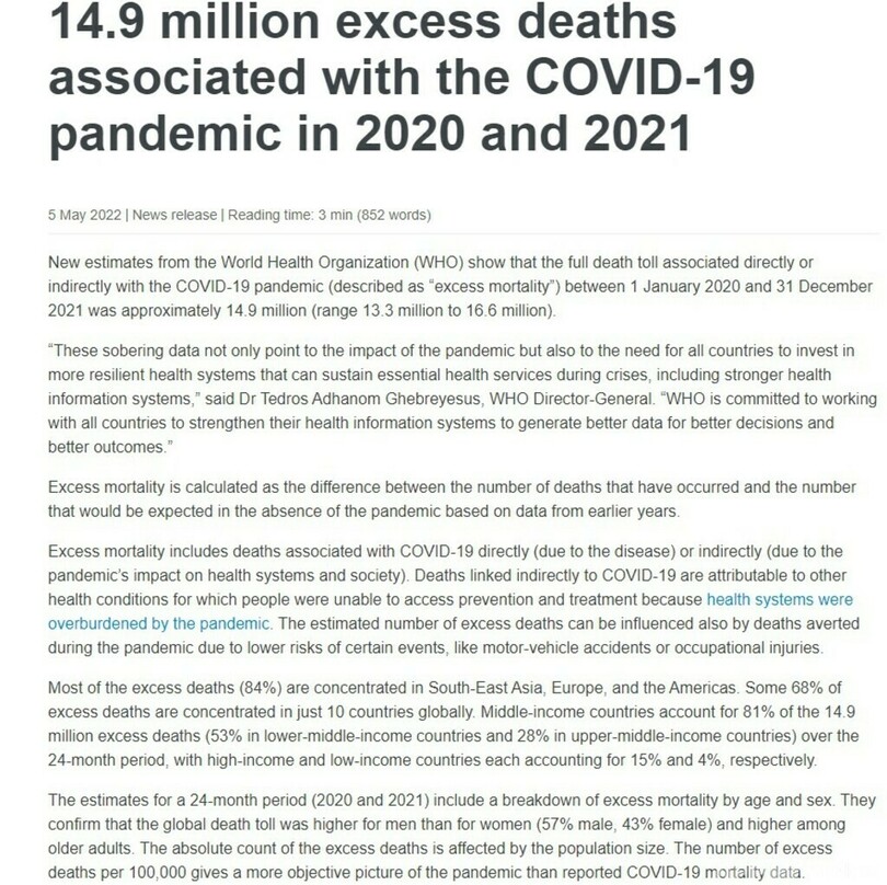 新型コロナ感染拡大で約1490万人「超過死亡」 WHO