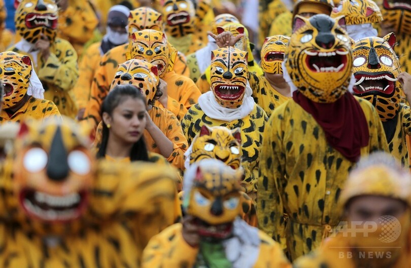 トラの衣装で豊作祈願パレード、メキシコ・チラパ