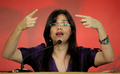 ベネズエラ・カラカス（Caracas）で会見するBlanca Eckhout通信・情報相（2009年7月31日撮影）。(c)AFP/THOMAS COEX