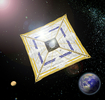 宇宙航空研究開発機構（Japan Aerospace Exploration Agency、JAXA）が公開した太陽光の圧力で宇宙空間を進む「宇宙帆船」、イカロス（Interplanetary Kite-craft 
Accelerated by Radiation of the Sun、IKAROS）のイメージ図（2010年4月27日公開）。(c)AFP/JAXA