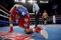 ボクシング、WBO世界スーパーフライ級タイトルマッチ。井上尚弥（右）からダウンを奪われて膝をつくアントニオ・ニエベス（2017年9月9日撮影）。(c)AFP/Getty Images/Jeff Gross