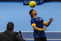 男子テニスのロジャー・フェデラー（Roger Federer、スイス）とトミー・ハース（Tommy Haas、ドイツ）が9日、ブラジル・サンパウロ（Sao Paulo）州のイビラプエラ体育館（Ibirapuera Gymnasium）でエキシビションマッチを行った。

両選手はサッカーブラジル代表のユニフォームを着用してプレーを披露した。

大きなテニスボールを頭でコントロールするトミー・ハース（2012年12月9日撮影）。(c)AFP/Yasuyoshi CHIBA