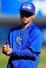 ワールドシリーズに向けて本拠地カウフマン・スタジアム（Kauffman Stadium）で公開練習に臨むカンザスシティ・ロイヤルズ（Kansas City Royals）の青木宣親（Norichika Aoki、2014年10月20日撮影）(c)AFP/Getty Images/Jamie Squire